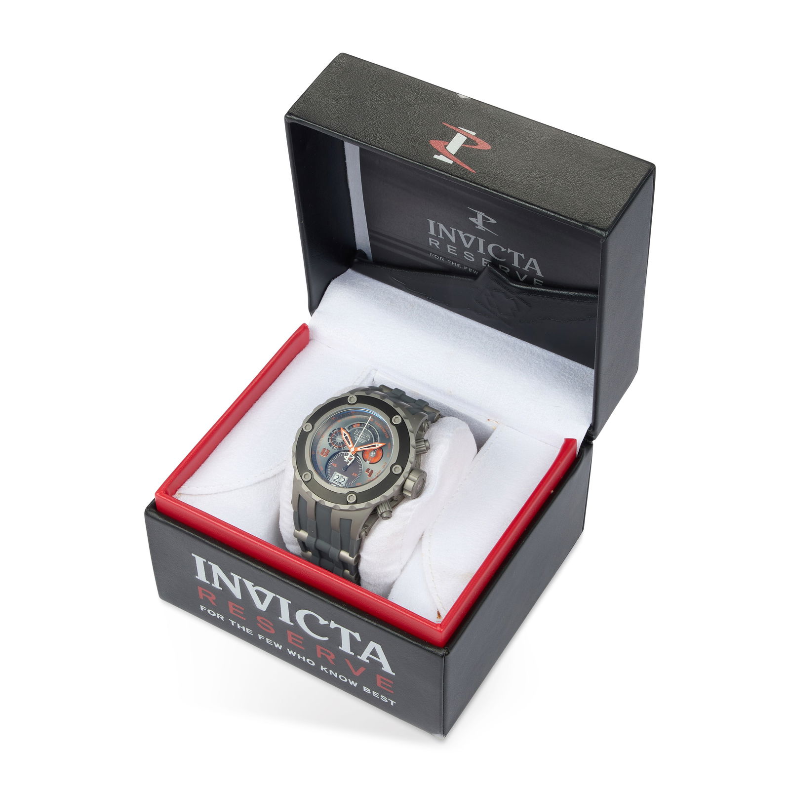 A GENTS INVICTA CHRONOGRAPH SUBAQUA STRAP WATCH: A GENTS INVICTA CHRONOGRAPH SUBAQUA STRAP WATCH the grey dial signed Invicta Reserve Chronograph Retrograde, with metallic orange indices at the 4/ 8 o'clock positions, sandblasted gunmetal case with