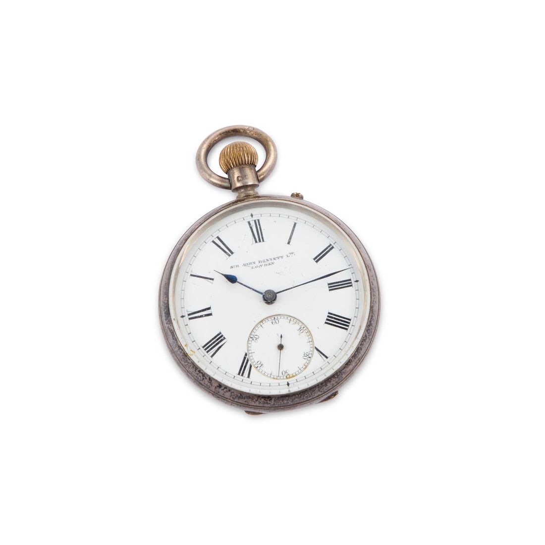 A SILVER OPEN-FACE POCKET WATCH: A SILVER OPEN-FACE POCKET WATCH the circular white enamel dial signed Sir John Bennett Ltd London, black Roman indices with outer minute track and sub-seconds dial at the 6 o'clock position, the plain