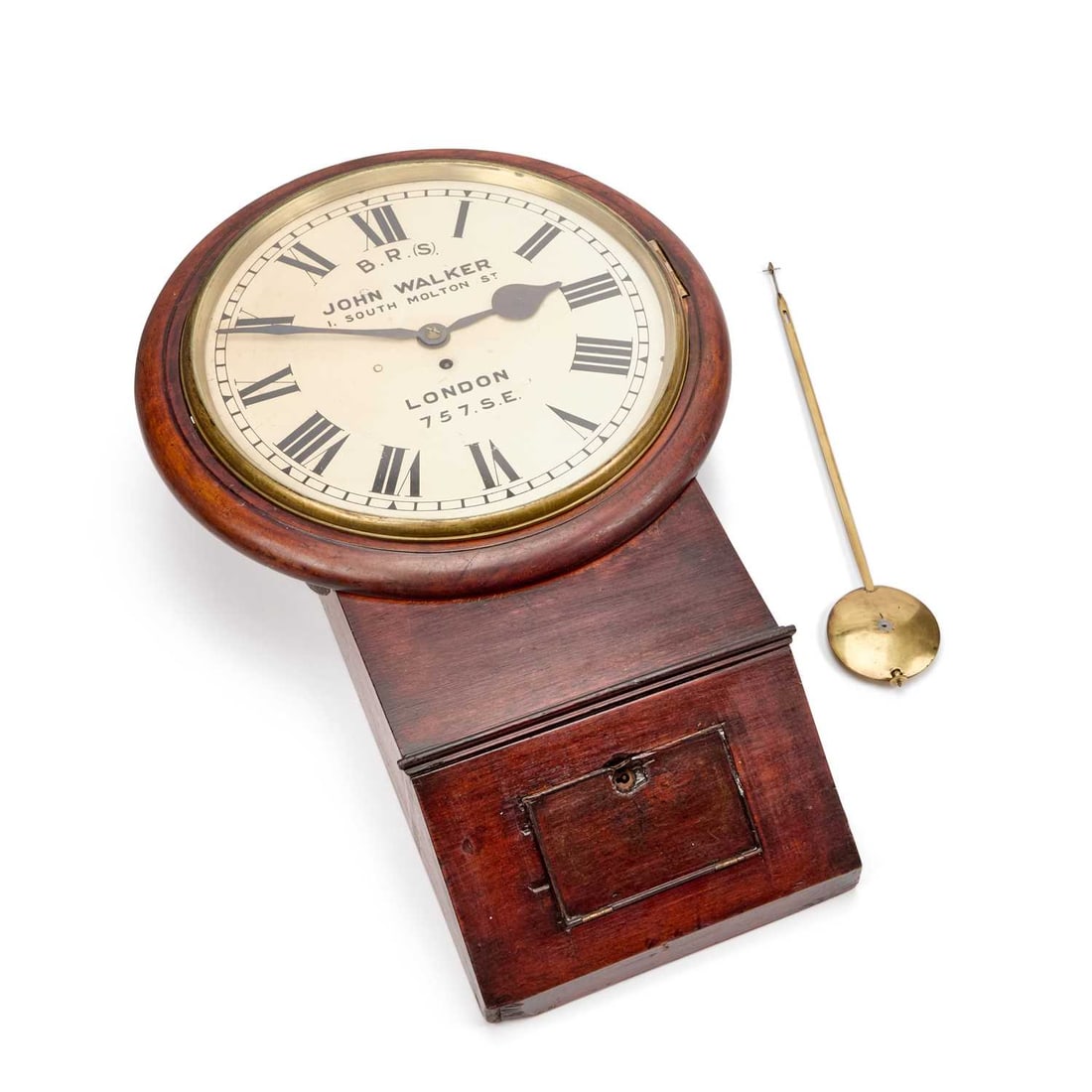 A WALL MOUNTED B.R.(S). STATION CLOCK, SIGNED JOHN WALKER, 1, SOUTH MOLTON ST., LONDON: A WALL MOUNTED B.R.(S). STATION CLOCK, SIGNED JOHN WALKER, 1, SOUTH MOLTON ST., LONDON the mahogany case housing a 14-inch dial, single fusee movement, dial inscribed 757.S.E. 70cm high