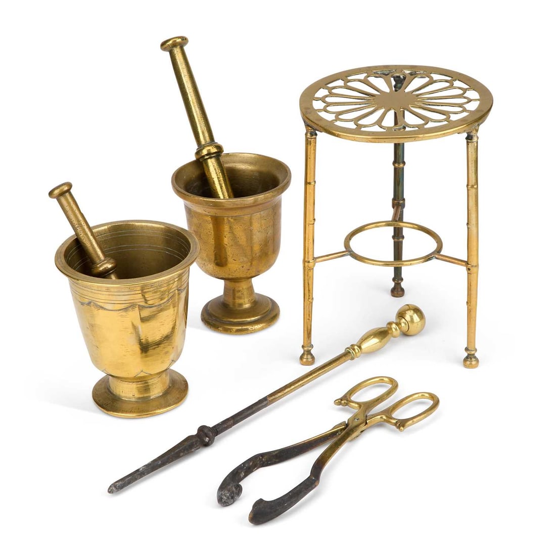 TWO BRASS PESTLE AND MORTARS, BRASS TRIVET AND FIRESIDE TOOLS: TWO BRASS PESTLE AND MORTARS, BRASS TRIVET AND FIRESIDE TOOLS (7) Trivet 27cm high