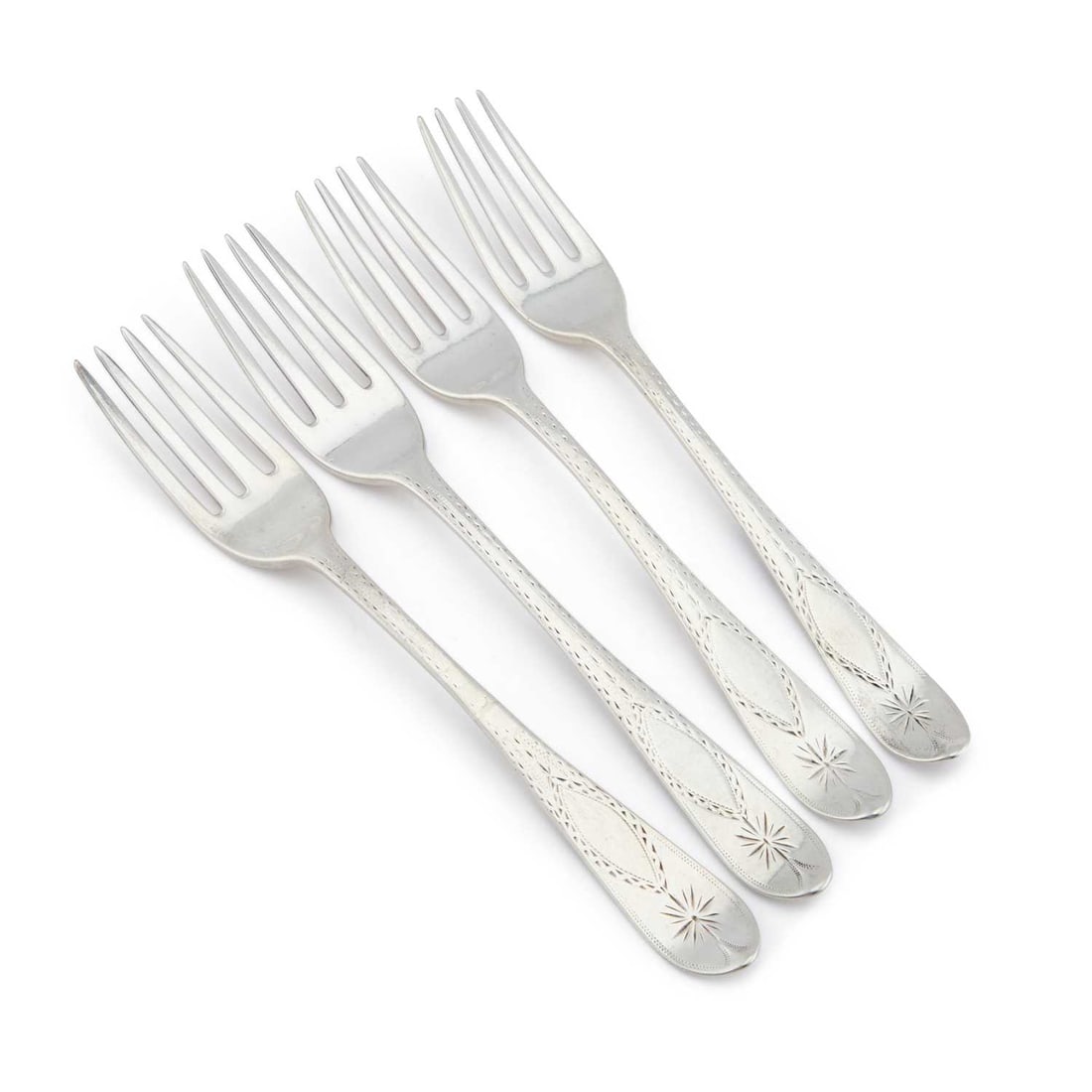A SET OF FOUR GEORGE III IRISH SILVER TABLE FORKS: A SET OF FOUR GEORGE III IRISH SILVER TABLE FORKS by William Ward, Dublin 1806, with bright-cut decoration. 20cm long, 7.1 troy ounces gross