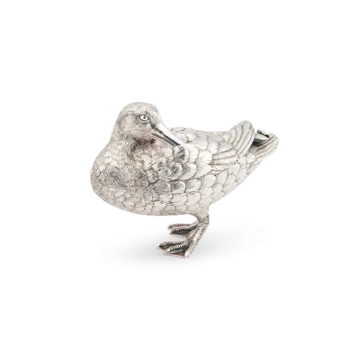 AN ELIZABETH II HEAVY CAST SILVER MODEL OF A DUCK: AN ELIZABETH II HEAVY CAST SILVER MODEL OF A DUCK by Richard Comyns, London 1988. 15.5cm long, 31 troy ounces