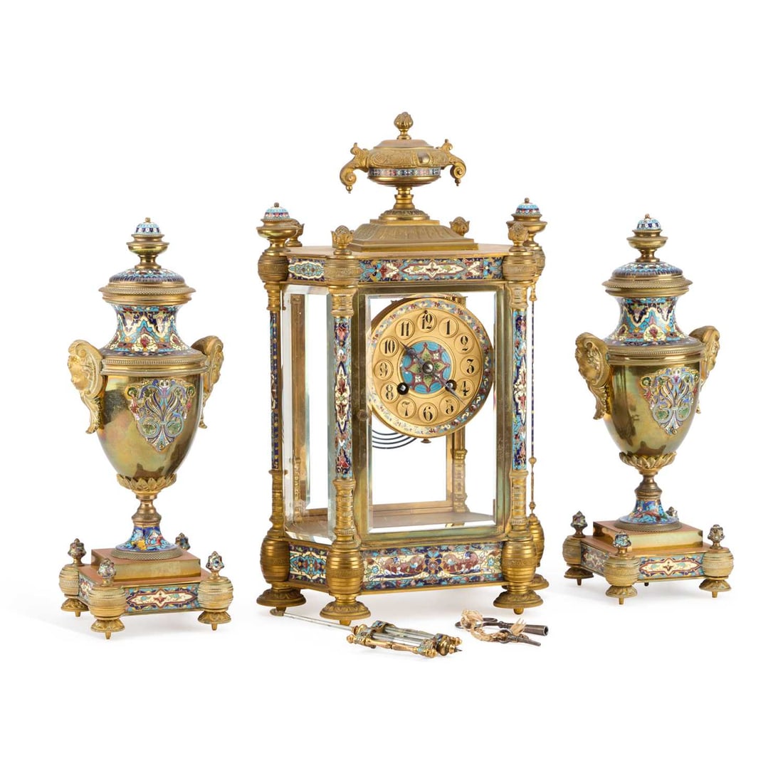 A LATE 19TH CENTURY FRENCH CHAMPLEVÉ ENAMEL SIX-GLASS CLOCK GARNITURE (1 of 5)