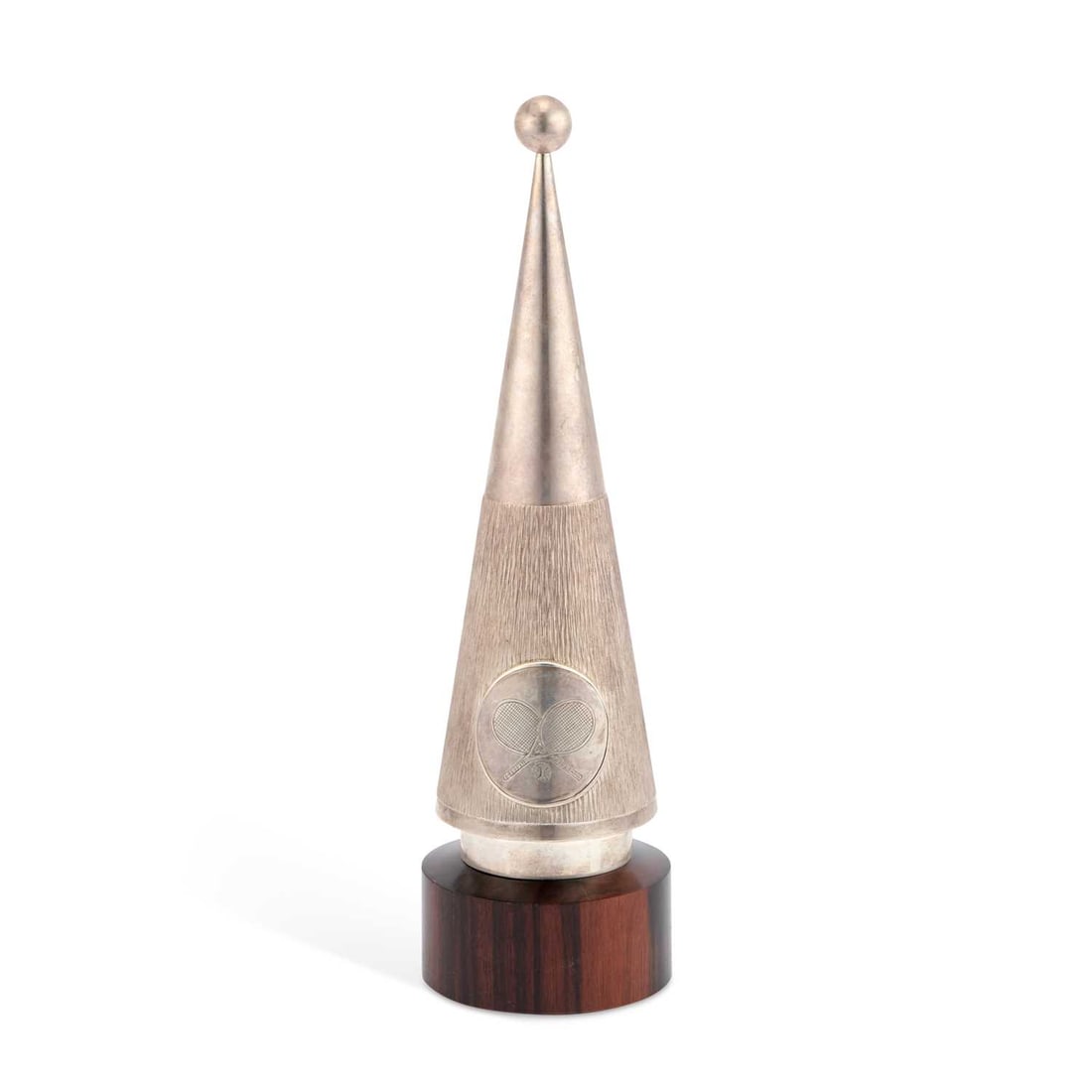 AN ELIZABETH II SILVER WIMBLEDON TENNIS CENTENARY TROPHY: AN ELIZABETH II SILVER WIMBLEDON TENNIS CENTENARY TROPHY by Gerald Benney, London 1977, the conical spire body with a ball finial, half textured in bark effect, set with a roundel engraved with the e