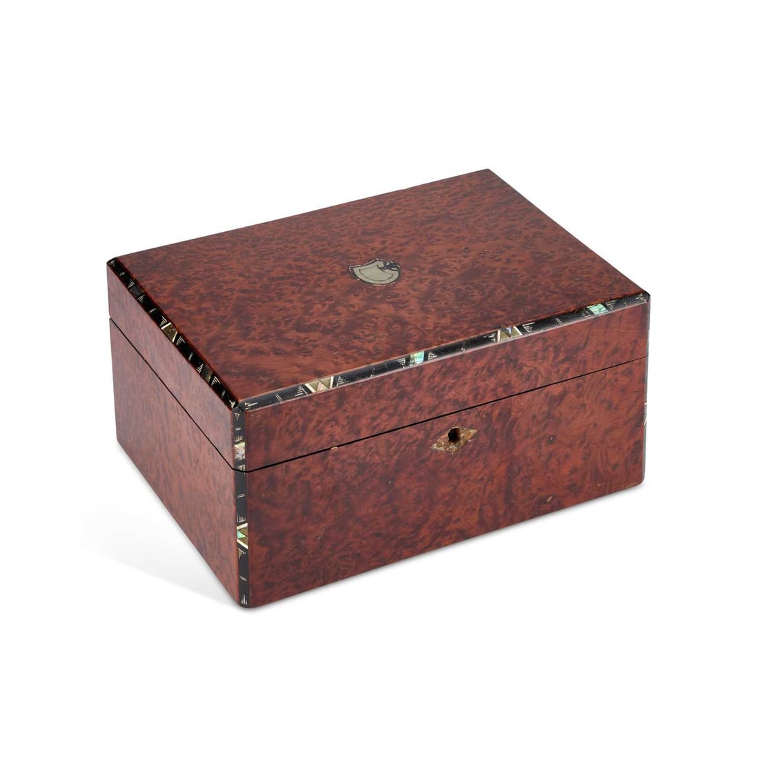 A VICTORIAN AMBOYNA AND INLAID WORKBOX (1 of 3)