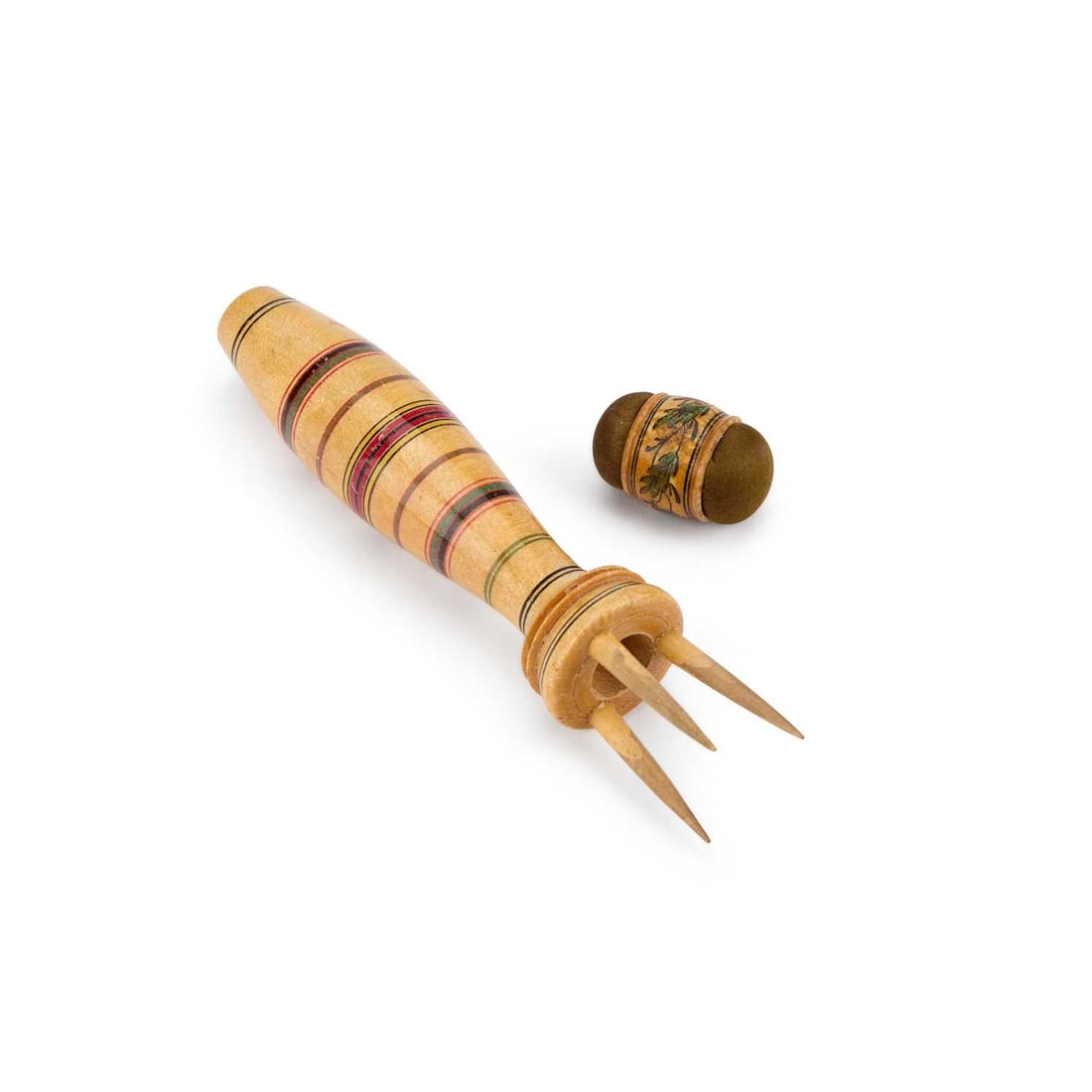 AN EARLY TUNBRIDGE WHITEWOOD KNITTING NANCY AND A GIRDLE PIN-CUSHION (1 of 1)