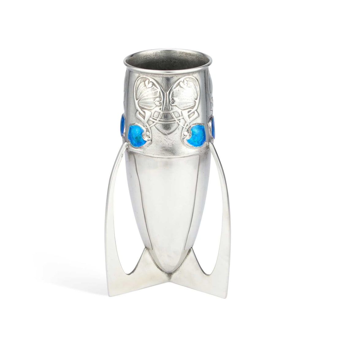 ARCHIBALD KNOX (1864-1933) FOR LIBERTY & CO, A LARGE TUDRIC PEWTER AND ENAMEL VASE (1 of 3)