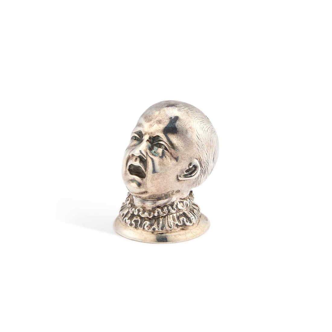A VICTORIAN SILVER NOVELTY POUNCE POT: A VICTORIAN SILVER NOVELTY POUNCE POT by James Barclay Hennell, London 1880, realistically modelled as a crying child's head, pierced to the top of the head, with a Design Registration Mark to the bac
