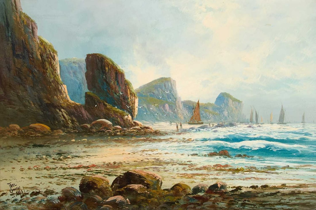 JOEL OWEN AKA FRANCIS E. JAMIESON (1895-1950) COASTAL VIEW WITH BOATS: JOEL OWEN AKA FRANCIS E. JAMIESON (1895-1950) COASTAL VIEW WITH BOATS Signed Joe Owen and dated 1910 Oil on canvas (50cm x 75cm)