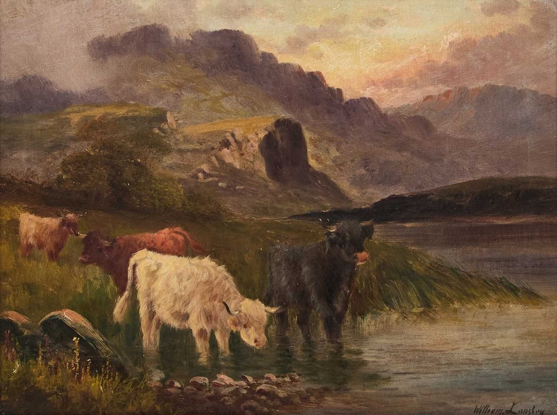 WILLIAM LANGLEY (1852-1922) HIGHLAND CATTLE BY A LOCH: WILLIAM LANGLEY (1852-1922) HIGHLAND CATTLE BY A LOCH Signed Oil on canvas (29cm x 39cm)