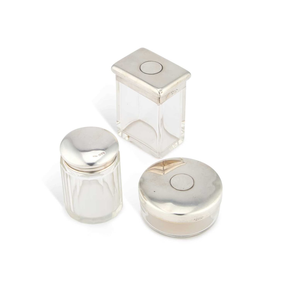 THREE SILVER-LIDDED GLASS DRESSING TABLE JARS (1 of 1)