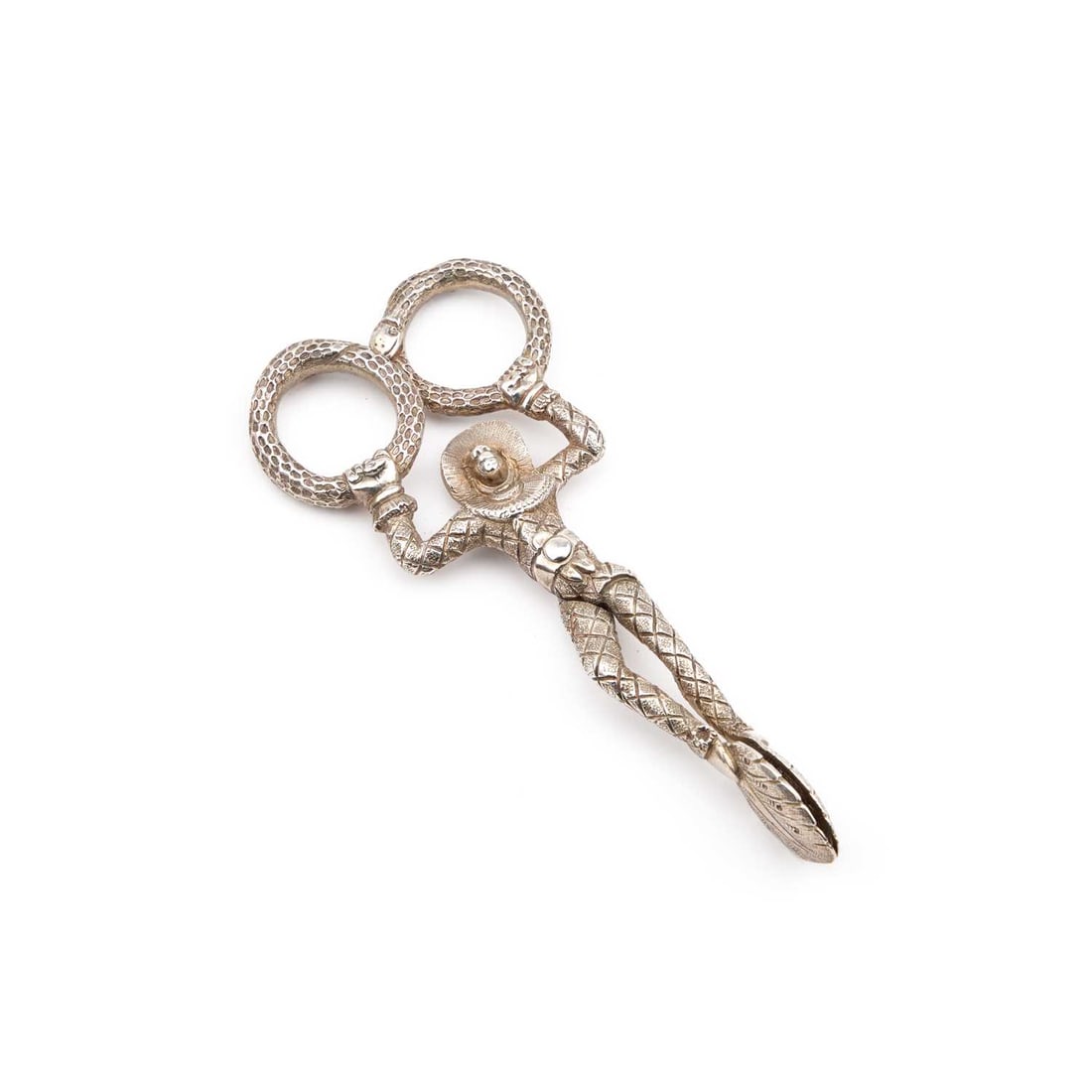 A PAIR OF VICTORIAN SILVER NOVELTY HARLEQUIN TONGS: A PAIR OF VICTORIAN SILVER NOVELTY HARLEQUIN TONGS by John Yapp & John Woodward, Birmingham 1850, with shell bowls and snake ring handles. 12cm long, 2.1 troy ounces