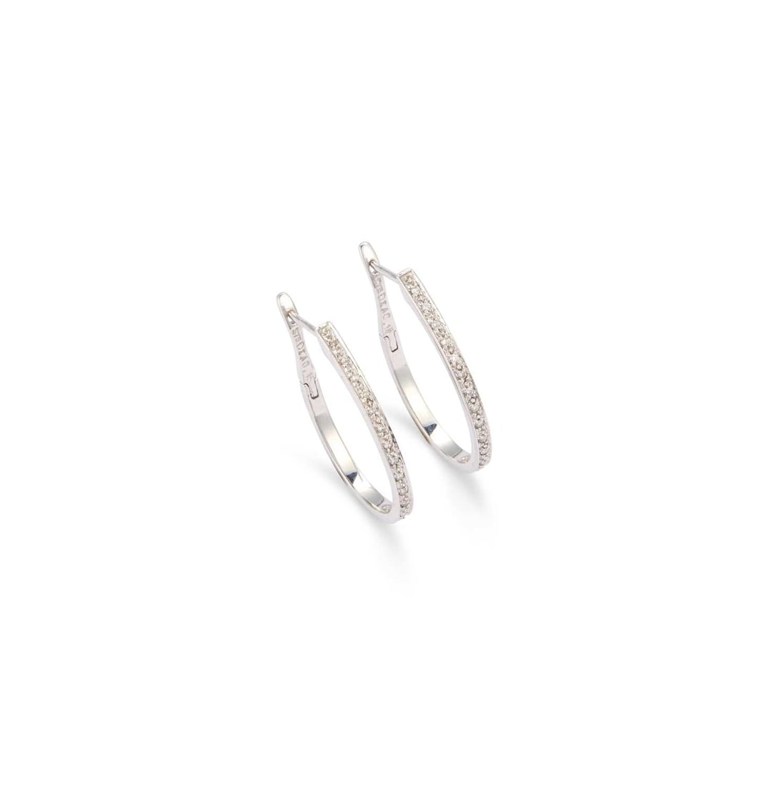 A PAIR OF 9 CARAT WHITE GOLD DIAMOND HOOP EARRINGS: A PAIR OF 9 CARAT WHITE GOLD DIAMOND HOOP EARRINGS the fronts set with a line of round brilliant-cut diamonds, with hinged backs and post fittings, hallmarked Birmingham. Stated total diamond weight 0