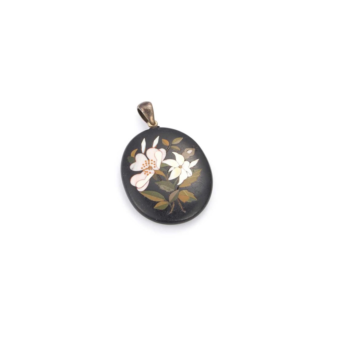 A PIETRA DURA PENDANT: A PIETRA DURA PENDANT oval, the front decorated with a floral spray, to a silver bail. 6.2cm by 3.8cm Some losses to the inlay, mainly to the stems, and some light hairlining