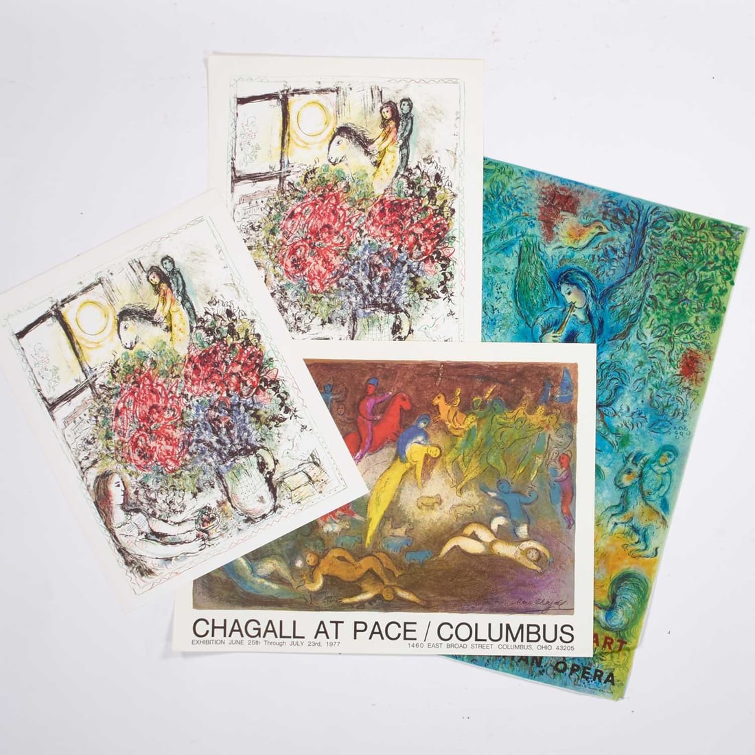 ‡ AFTER MARC CHAGALL (1887-1985) FOUR OFFSET LITHOGRAPHIC POSTERS: ‡ AFTER MARC CHAGALL (1887-1985) FOUR OFFSET LITHOGRAPHIC POSTERS Two titled : 'Le Chevauchee', one titled 'The magic flute' and 'Enlevement de Chloe' All unframed (Largest 100cm x 65cm)Qty: (4)