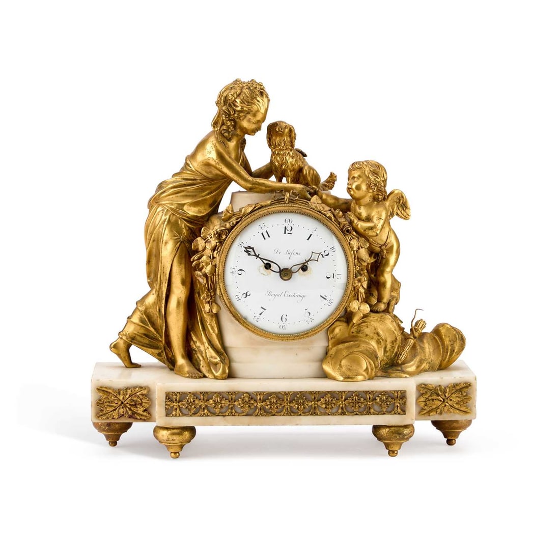 A REGENCY WHITE MARBLE AND ORMOLU DOUBLE FUSEE FIGURAL MANTEL CLOCK JOHN DELAFONS, ROYAL EXCHANGE (1 of 4)