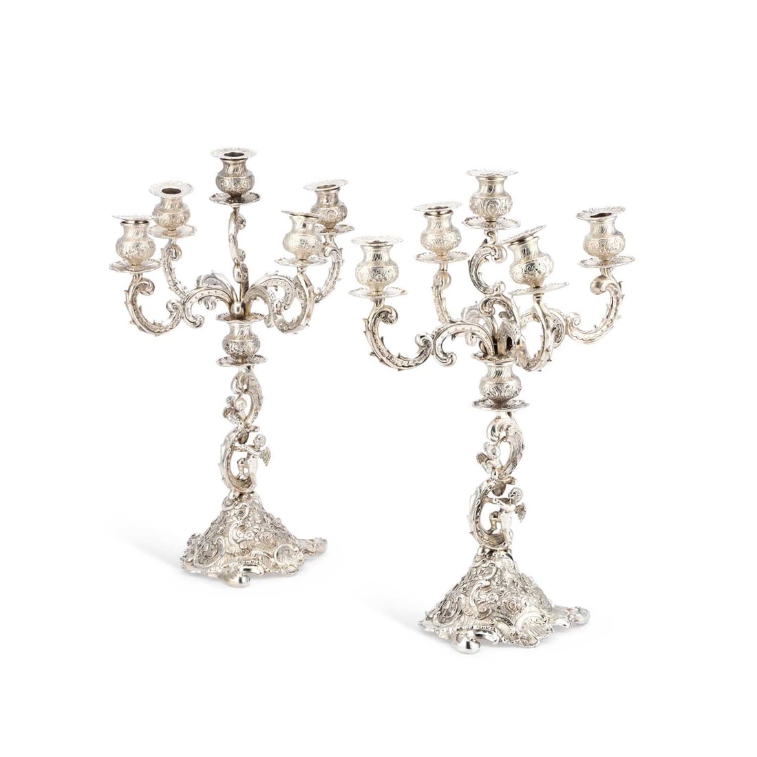 A LARGE PAIR OF 19TH CENTURY GERMAN SILVER FIVE-LIGHT CANDELABRA: A LARGE PAIR OF 19TH CENTURY GERMAN SILVER FIVE-LIGHT CANDELABRA stamped with a crown and A, each featuring a five-light superstructure with four scroll-form branches, supported by scroll-form stems a