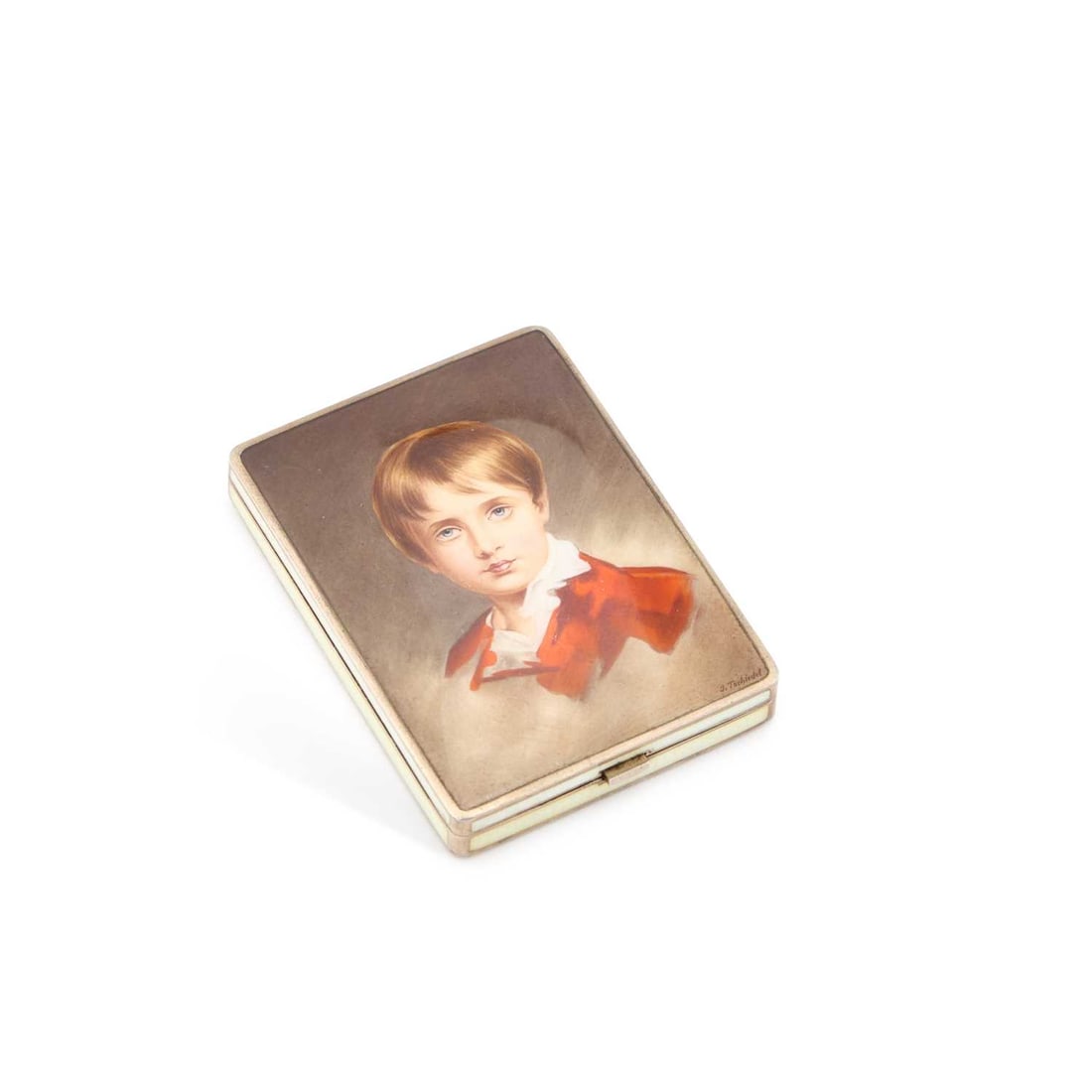 AN EARLY 20TH CENTURY AUSTRIAN SILVER AND ENAMEL CASE: AN EARLY 20TH CENTURY AUSTRIAN SILVER AND ENAMEL CASE Vienna, c.1900, rectangular, the hinged cover decorated with a portrait of a boy, signed J. Tschiedel. 8.5cm by 6cm, 5 troy ounces gross