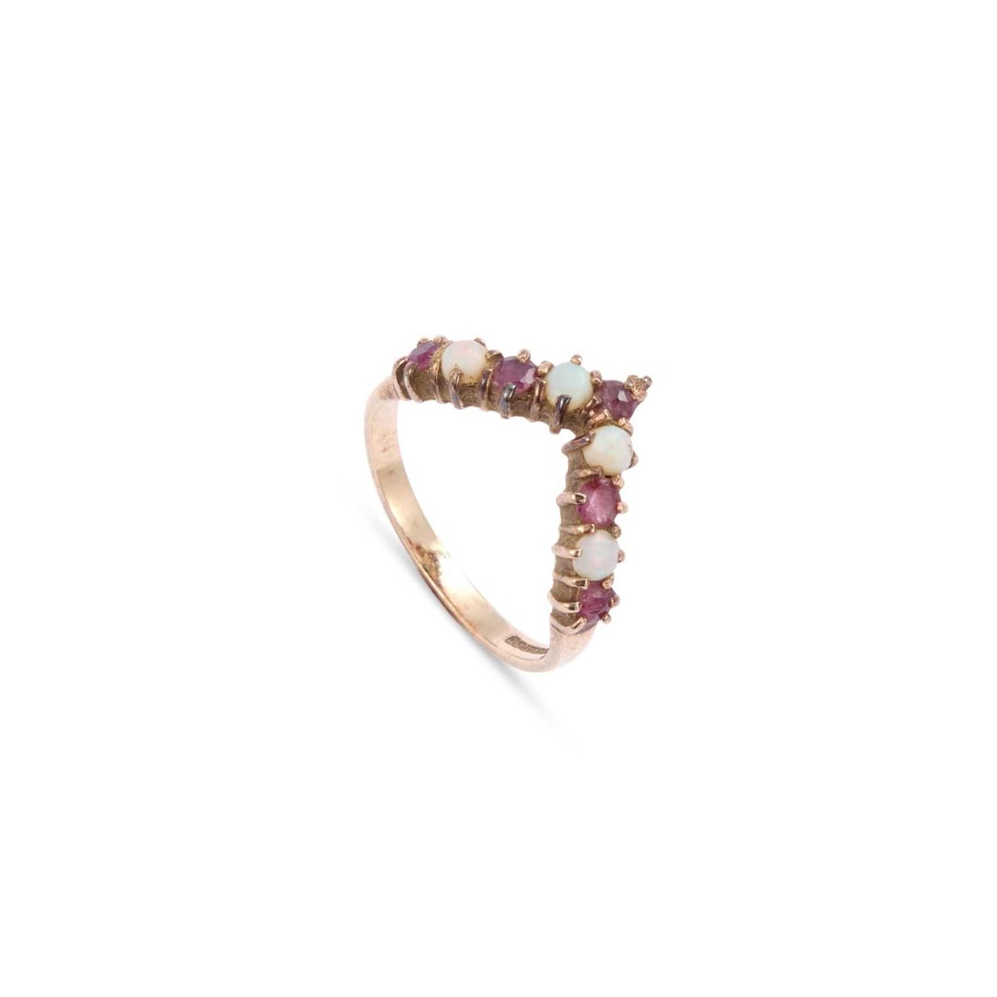 A 9 CARAT GOLD RUBY AND OPAL WISHBONE RING: A 9 CARAT GOLD RUBY AND OPAL WISHBONE RING alternating round-cut rubies and opals in a wishbone setting, hallmarked Birmingham 1982. Ring size L, 2.2 grams Some abrasion to stones