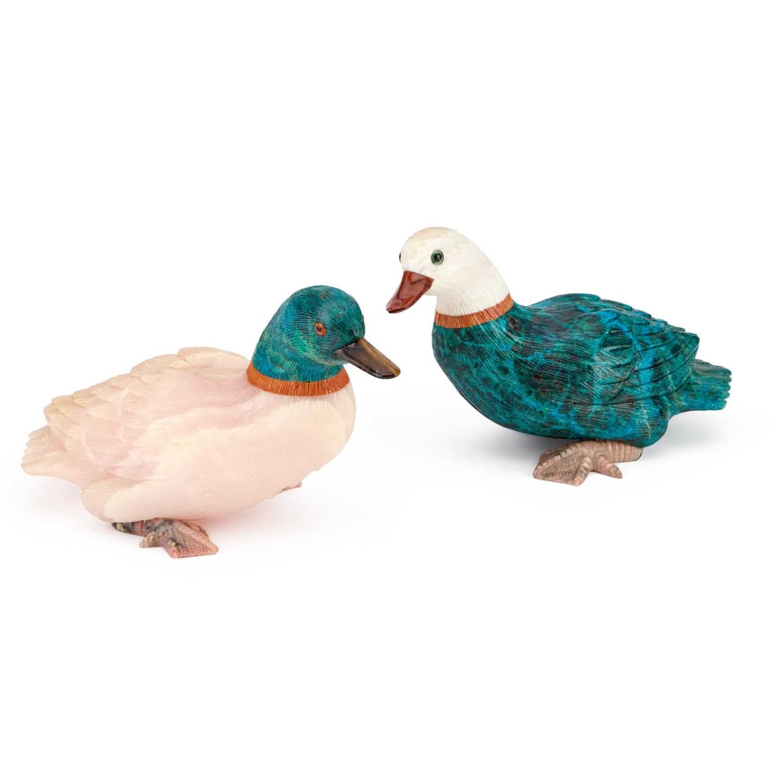 TWO 20TH CENTURY CARVED HARDSTONE MODELS OF DUCKS: TWO 20TH CENTURY CARVED HARDSTONE MODELS OF DUCKS (2) 12cm high