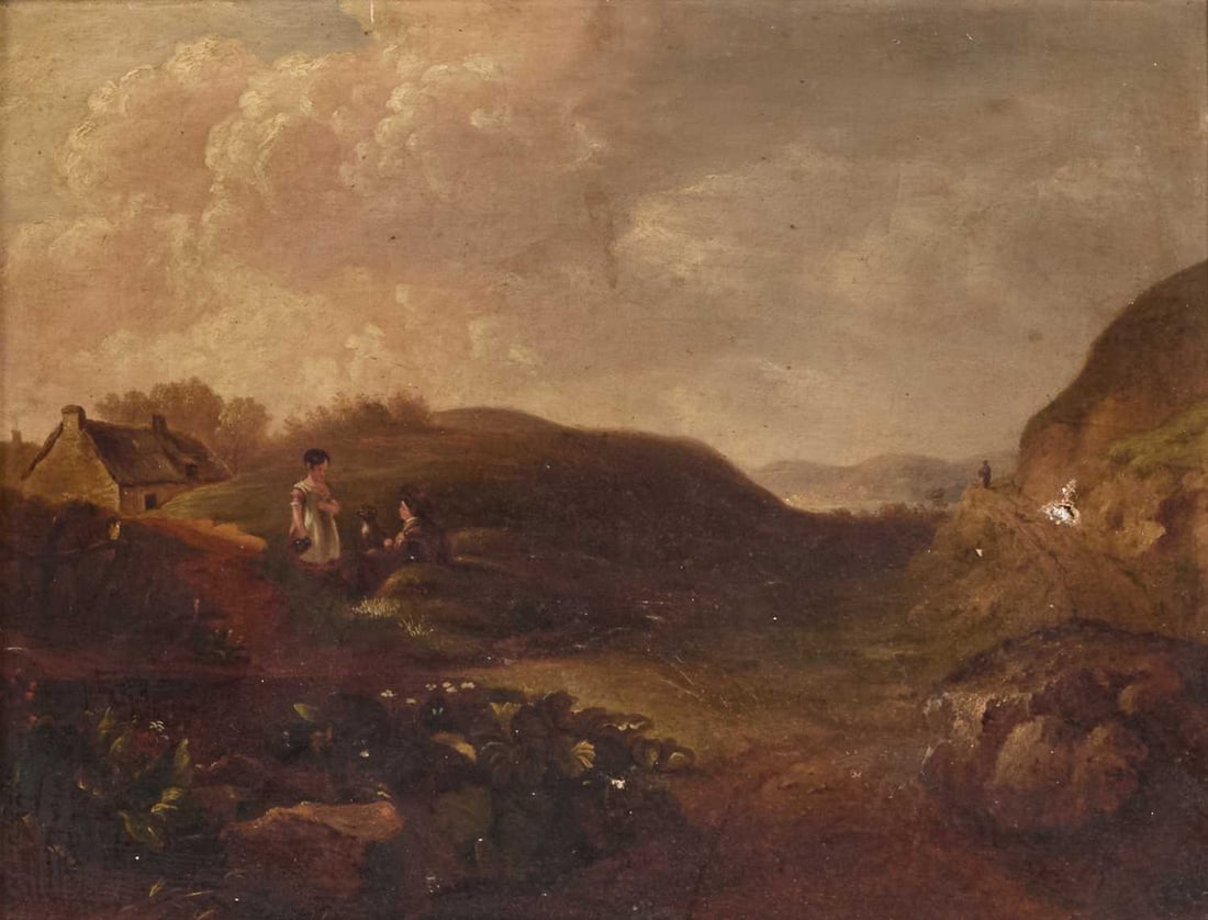 19TH CENTURY SCOTTISH SCHOOL LANDSCAPE WITH COTTAGE AND FIGURES: 19TH CENTURY SCOTTISH SCHOOL LANDSCAPE WITH COTTAGE AND FIGURES Oil on canvas (35.5cm x 46cm)