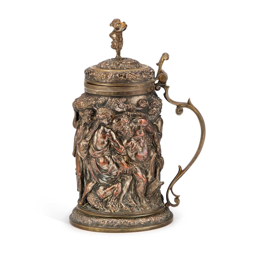 A COPPER COPY AFTER A 17TH CENTURY IVORY TANKARD: A COPPER COPY AFTER A 17TH CENTURY IVORY TANKARD realistically depicting the drunken Silenius, with a beautifully cast scroll handle and a finial in the form of a playful baby Bacchus, with a presenta