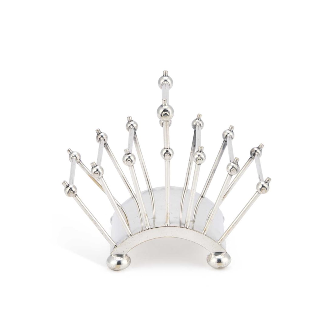 CHRISTOPHER DRESSER (1834-1904) FOR HUKIN & HEATH, AN ELECTROPLATED TOAST RACK: CHRISTOPHER DRESSER (1834-1904) FOR HUKIN & HEATH, AN ELECTROPLATED TOAST RACK with rod and ball construction on an arched base, no. 2556, stamped maker's mark and registration lozenge. 12cm high