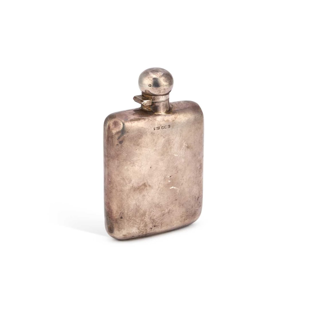 A GEORGE V SILVER SPIRIT FLASK: A GEORGE V SILVER SPIRIT FLASK by James Dixon & Sons Ltd, Sheffield 1920, of rounded rectangular form, shaped for the pocket, with a hinged bayonet cover. 15cm high, 6.8 troy ounces