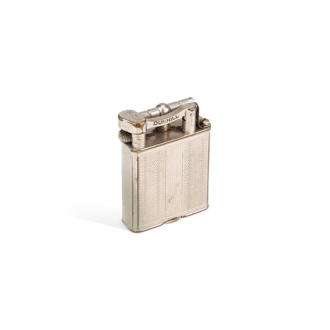 A DUNHILL SILVER-PLATED LIGHTER: A DUNHILL SILVER-PLATED LIGHTER pat no. 390107, engraved with initials. 5.2cm high