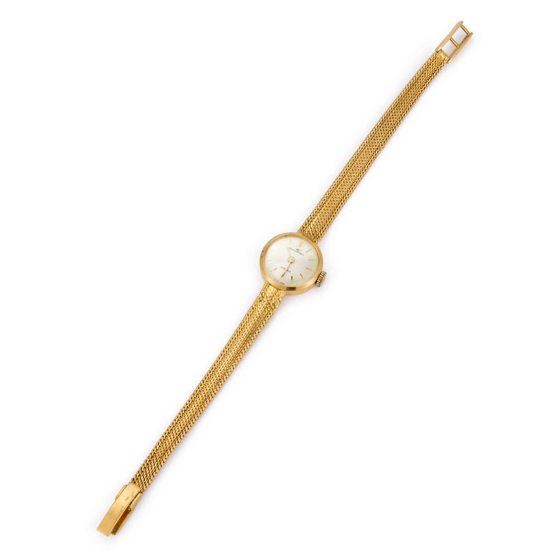 A LADY'S 18CT GOLD BUCHERER BRACELET WATCH: A LADY'S 18CT GOLD BUCHERER BRACELET WATCH the circular silvered dial signed Bucherer 17 Jewels, with gilt baton indices and hands, plain winding crown, the push-on case back externally stamped 18K 0.