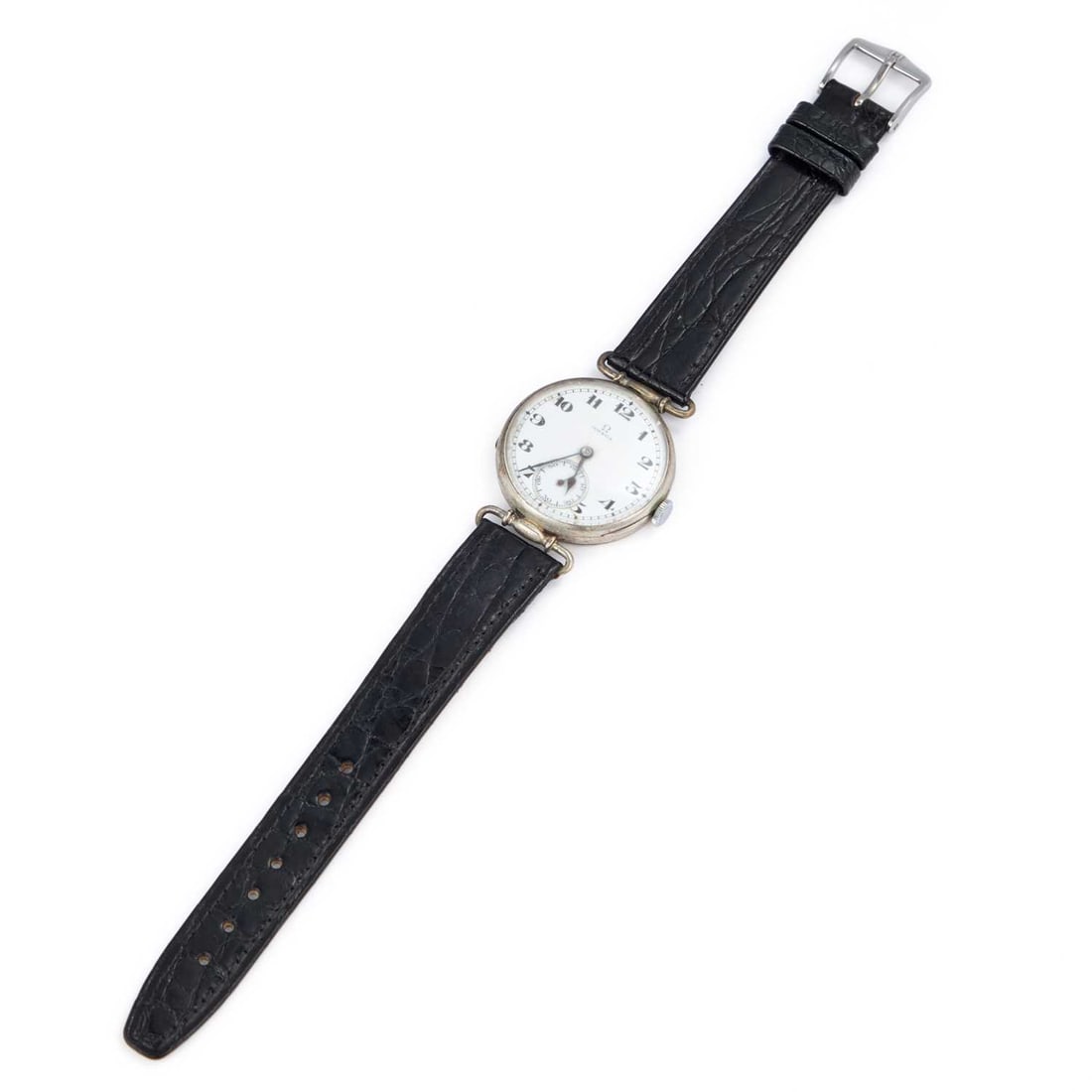 A SILVER OMEGA STRAP WATCH: A SILVER OMEGA STRAP WATCH the circular white enamel dial signed Omega, with black Arabic indices and outer minute track, sub seconds dial at the 6 o'clock position, blued steel hands, with a hinged c