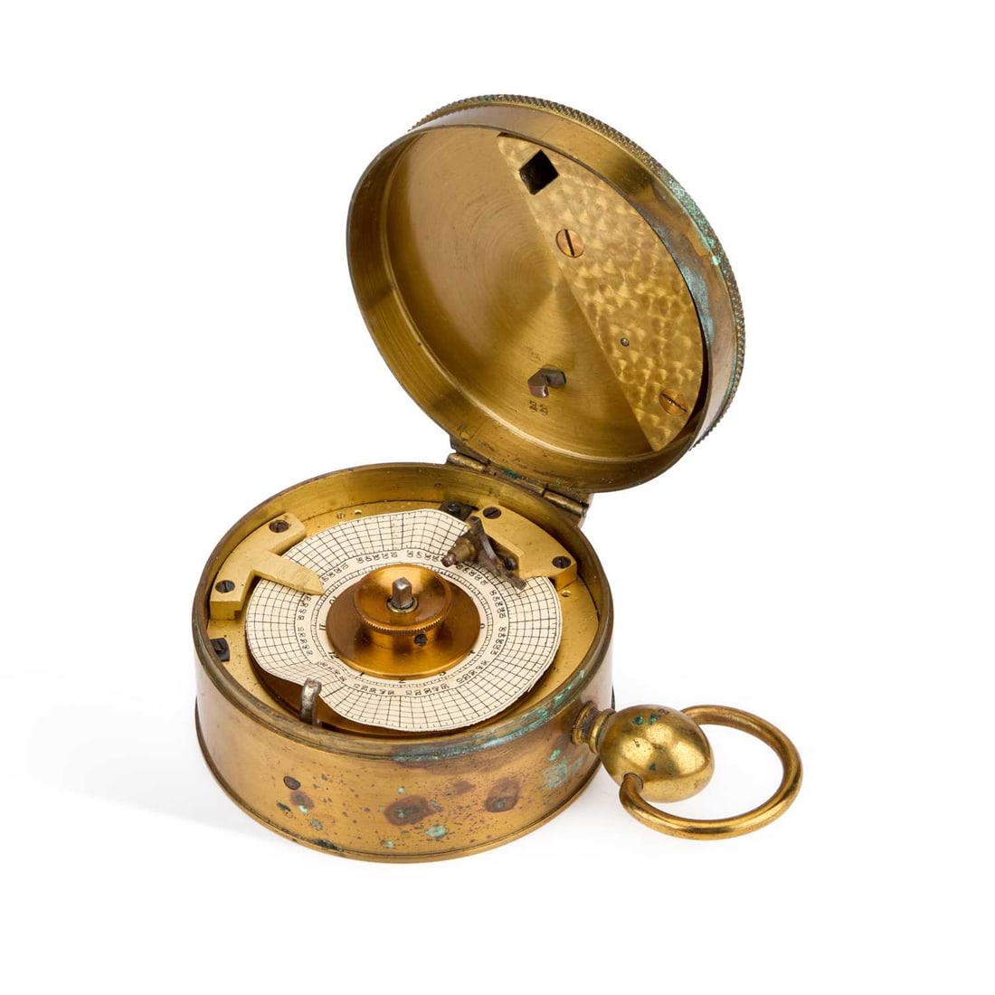 A BRASS-CASED LOCKING NIGHT WATCHMAN'S TIMEPIECE SIGNED THOS. ARMSTRONG & BRO, MANCHESTER, EARLY: A BRASS-CASED LOCKING NIGHT WATCHMAN'S TIMEPIECE SIGNED THOS. ARMSTRONG & BRO, MANCHESTER, EARLY 20TH CENTURY circular drum-shaped, with a paper recording disc. 9cm diameter