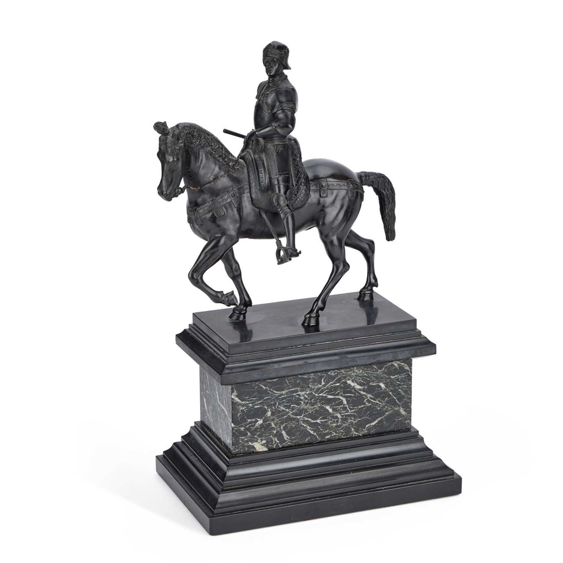 AFTER ANDREA DEL VERROCCHIO (ITALIAN, 1435-1488) A 19TH CENTURY ITALIAN GRAND TOUR BRONZE EQUESTRIAN: AFTER ANDREA DEL VERROCCHIO (ITALIAN, 1435-1488) A 19TH CENTURY ITALIAN GRAND TOUR BRONZE EQUESTRIAN GROUP OF BARTOLOMEO COLLEONI raised on a marble base. 38cm high overall
