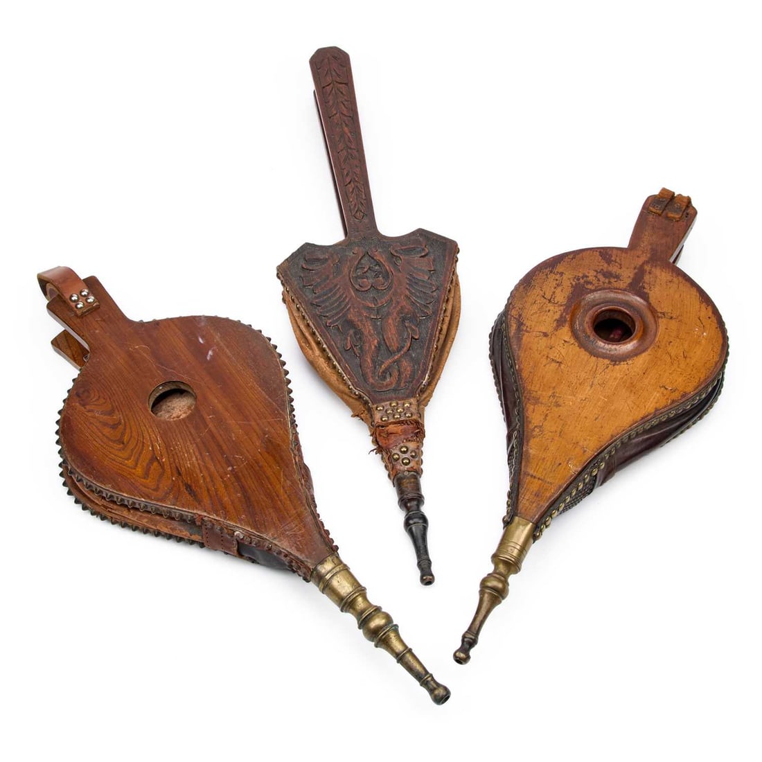 THREE PAIRS OF 19TH CENTURY BELLOWS: THREE PAIRS OF 19TH CENTURY BELLOWS (3) Largest 79.5cm long