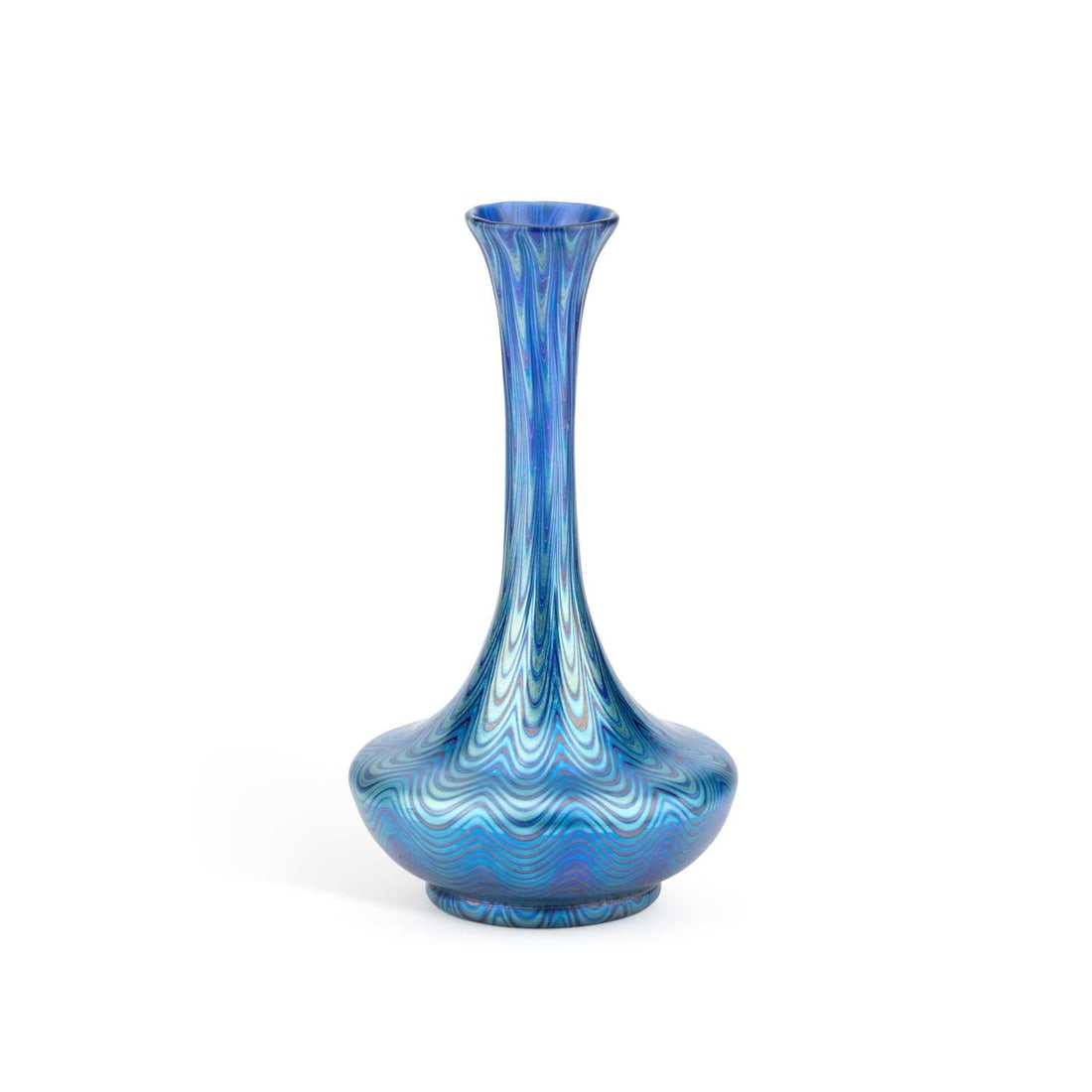AN EARLY 20TH CENTURY LOETZ GLASS VASE: AN EARLY 20TH CENTURY LOETZ GLASS VASE bottle-shaped with a squat body issuing a slender tapering neck, decorated in an iridescent phaenomen pattern. 23cm high No chips, cracks or restoration. In exce