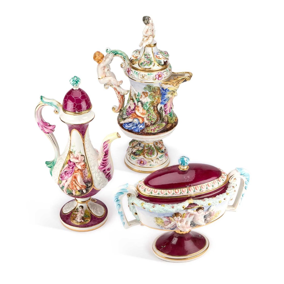 THREE LARGE PIECES OF CAPODIMONTE: THREE LARGE PIECES OF CAPODIMONTE comprising two ewers and a two-handled tureen. (3) Tallest 57cm