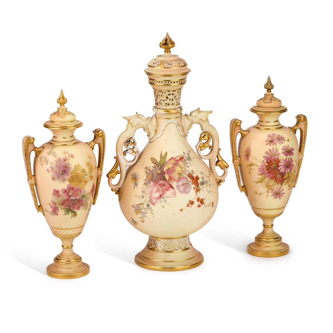 A GROUP OF THREE ROYAL WORCESTER BLUSH IVORY VASES AND COVERS (1 of 1)