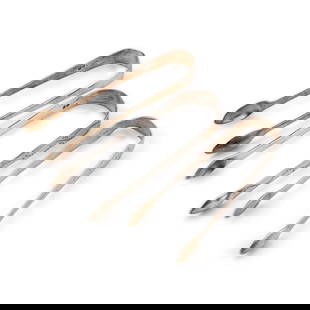THREE PAIRS OF GEORGE III AND LATER SILVER SUGAR TONGS: THREE PAIRS OF GEORGE III AND LATER SILVER SUGAR TONGS the first pair by Hester Bateman, lacking date letter, bright-cut; the second pair by George Burrows (I), London 1794, bright-cut; the third pair