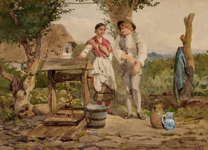 JOHN ABSOLON (1815-1895) COUPLE AT THE COUNTRY WELL: JOHN ABSOLON (1815-1895) COUPLE AT THE COUNTRY WELL Signed and dated 1888 Watercolour (25cm x 35cm)