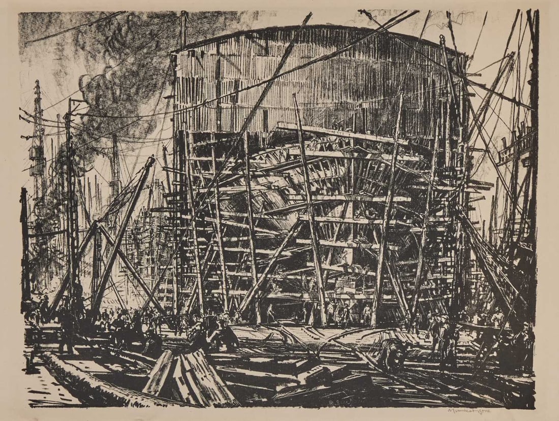 ‡ SIR MUIRHEAD BONE (1876-1953) SHIP BUILDING ON THE CLYDE, ON THE STOCKS: ‡ SIR MUIRHEAD BONE (1876-1953) SHIP BUILDING ON THE CLYDE, ON THE STOCKS Signed in pencil Lithograph Unframed (38.5cm x 51cm)