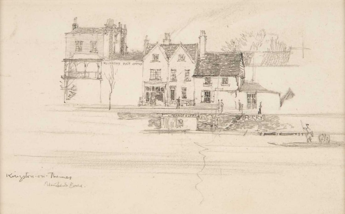 ‡ SIR MUIRHEAD BONE (1876-1953) VIEW OF KINGSTON UPON THAMES, THE POST OFFICE AND FERRY POINT: ‡ SIR MUIRHEAD BONE (1876-1953) VIEW OF KINGSTON UPON THAMES, THE POST OFFICE AND FERRY POINT Signed and titled Pencil Mounted but unframed (10cm x 16cm)
