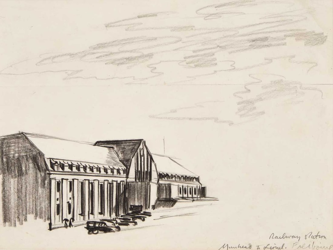 ‡ SIR MUIRHEAD BONE (1876-1953) THE RAILWAY STATION, FREIBURG: ‡ SIR MUIRHEAD BONE (1876-1953) THE RAILWAY STATION, FREIBURG Inscribed with title and Muirhead to Lionel Pencil and charcoal Mounted but unframed (20.5cm x 27.5cm)