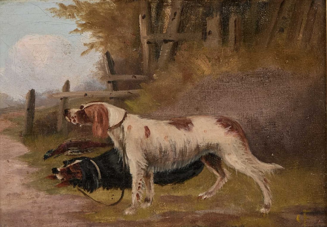 CIRCLE OF HENRY THOMAS ALKEN (1784-1851) A PAIR OF HUNTING SCENES, TERRIERS AND SETTERS: CIRCLE OF HENRY THOMAS ALKEN (1784-1851) A PAIR OF HUNTING SCENES, TERRIERS AND SETTERS One possibly signed CF Oil on canvas (19cm x 27cm each)Qty: (2)