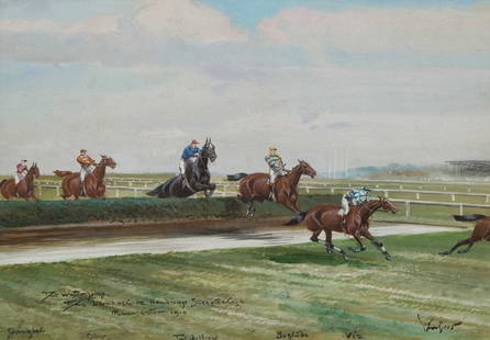 JOHN BEER (1860-1930) THE WATER JUMP, THE LANCASHIRE HANDICAP STEEPLECHASE, MANCHESTER 1910: JOHN BEER (1860-1930) THE WATER JUMP, THE LANCASHIRE HANDICAP STEEPLECHASE, MANCHESTER 1910 Signed and inscribed Watercolour, heightened with white (24cm x 35cm)