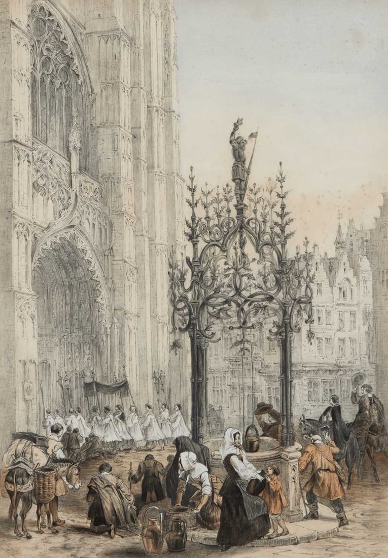 JOHN WHITE ABBOTT (1763-1851) QUENTIN MASSYS WELL, ANTWERP: JOHN WHITE ABBOTT (1763-1851) QUENTIN MASSYS WELL, ANTWERP Signed and inscribed Pencil and wash heightened with white (39cm x 27cm)