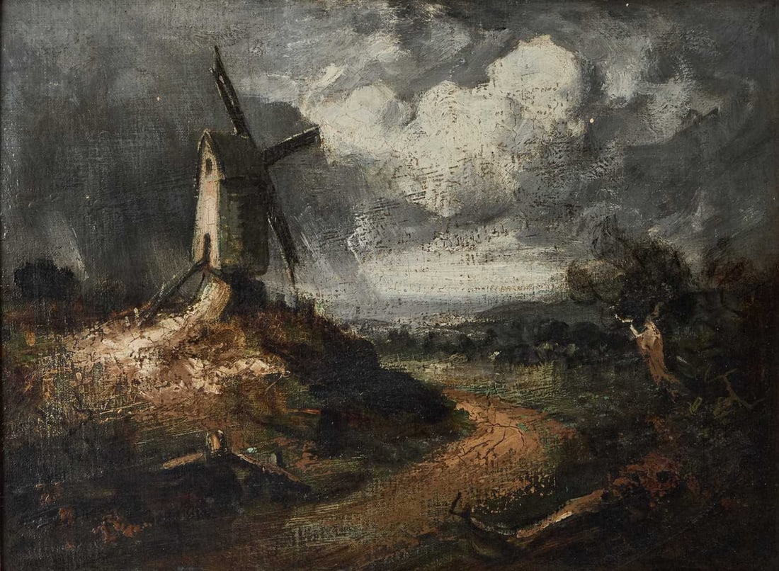 CIRCLE OF JOHN CONSTABLE (19TH CENTURY) WINDMILL IN A STORMY LANDSCAPE (1 of 3)