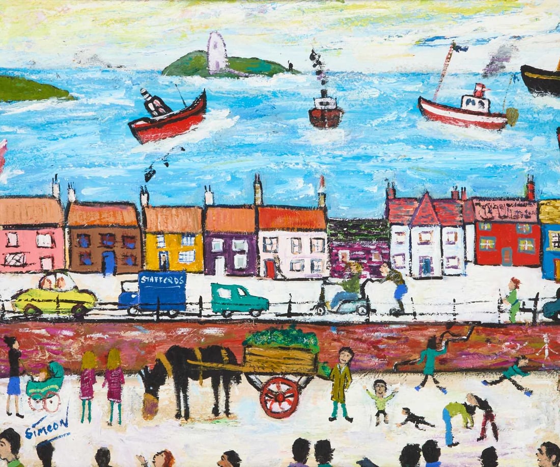 ‡ SIMEON STAFFORD (BORN 1956) COASTAL TOWN WITH FISHING BOATS BEYOND: ‡ SIMEON STAFFORD (BORN 1956) COASTAL TOWN WITH FISHING BOATS BEYOND Signed Oil on board (49.5cm x 59.5cm)