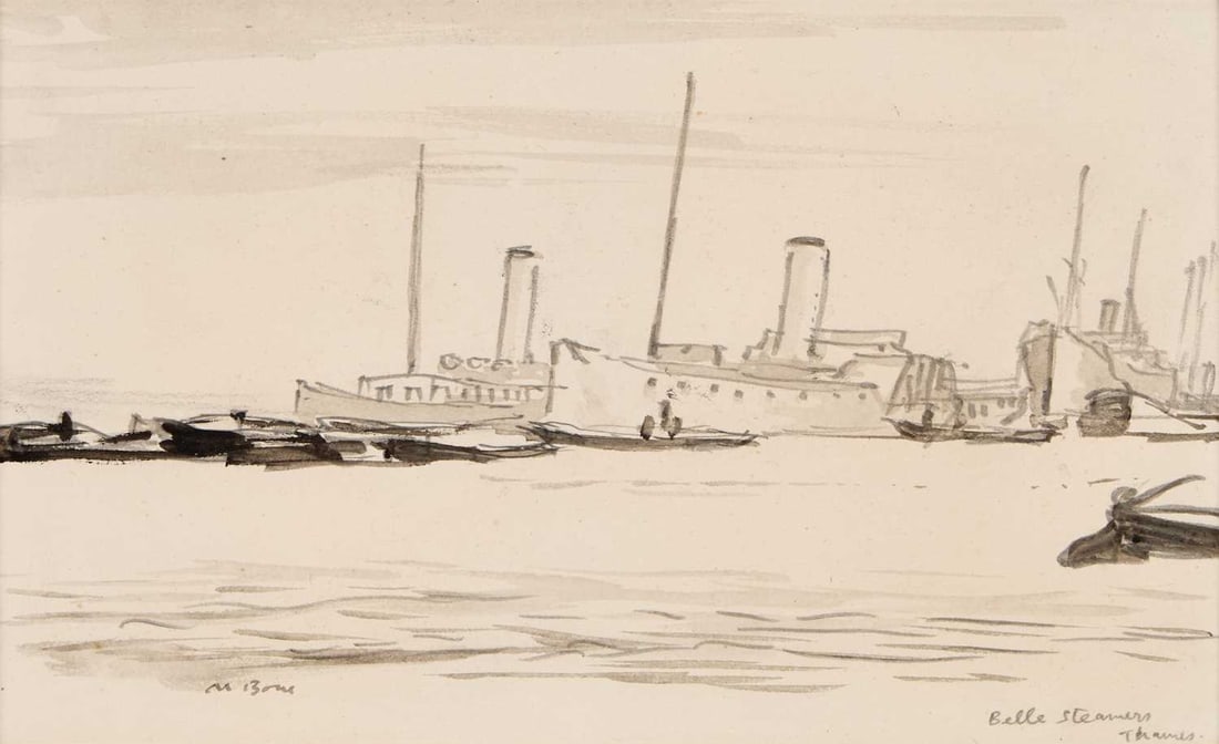 SIR MUIRHEAD BONE (1876-1953) BATTLE STEAMERS, THAMES: SIR MUIRHEAD BONE (1876-1953) BATTLE STEAMERS, THAMES ‡ Signed and inscribed Watercolour and pencil Mounted but unframed 15cm x 24.5cm