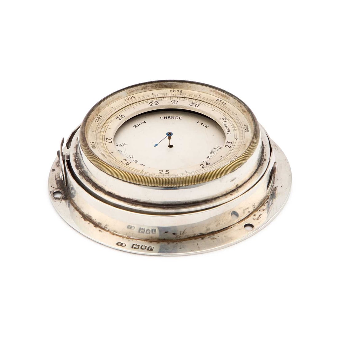 AN EDWARDIAN SILVER-MOUNTED BAROMETER: AN EDWARDIAN SILVER-MOUNTED BAROMETER by Wright & Davies (William Frederick Wright), London 1902, of circular form, (a/f). 9.5cm diameter Missing glass and possibly another hand, appears incomple