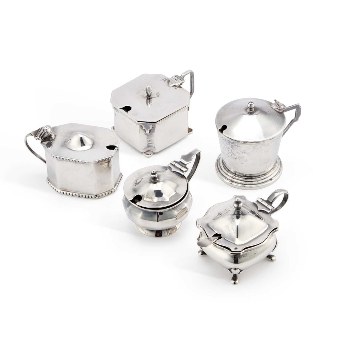 A GROUP OF FIVE SILVER MUSTARD POTS (1 of 1)